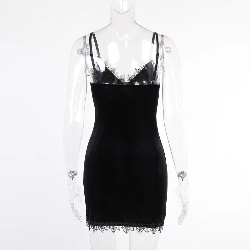 Black cross mini dress with spaghetti straps and high waist slit