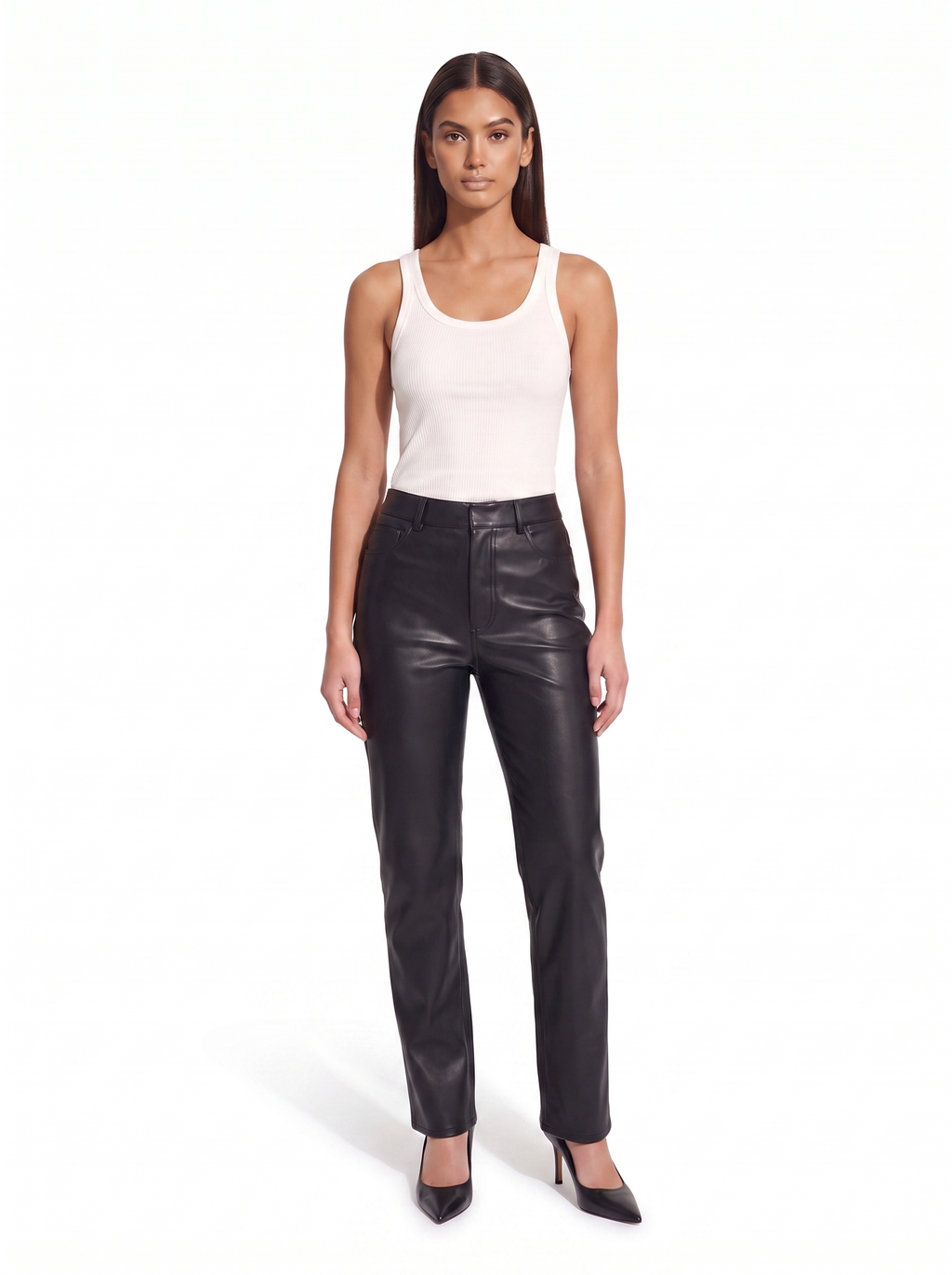 Black high waist faux leather pants, front view on model