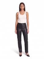 Black high waist faux leather pants, front view on model