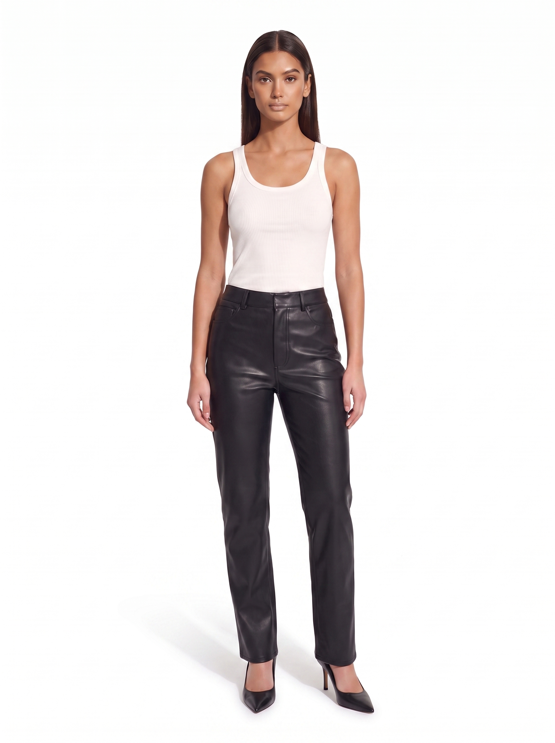 Black high waist faux leather pants, front view on model