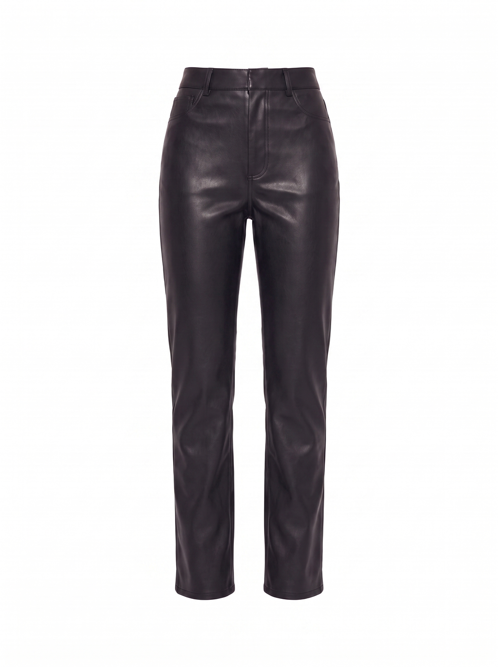 Black faux leather pants flat product shot on white background
