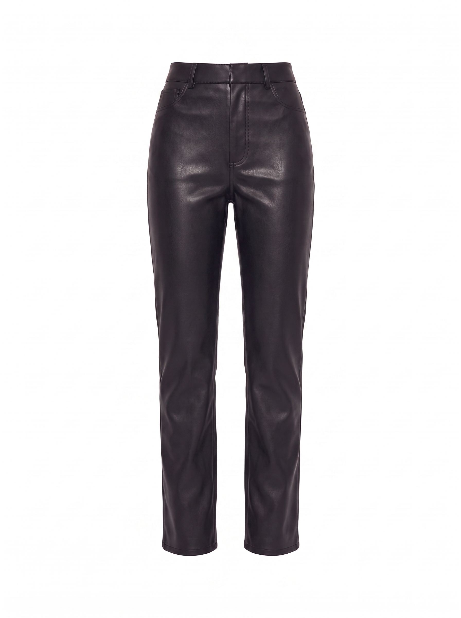 Black faux leather pants flat product shot on white background