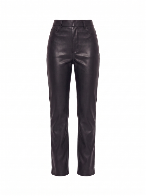 Black faux leather pants flat product shot on white background