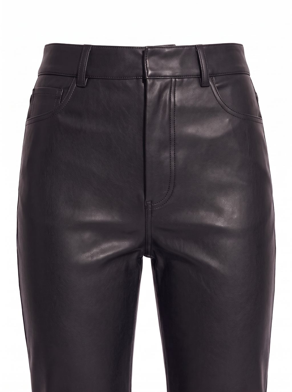 Close up of faux leather pants waistband and matte grain