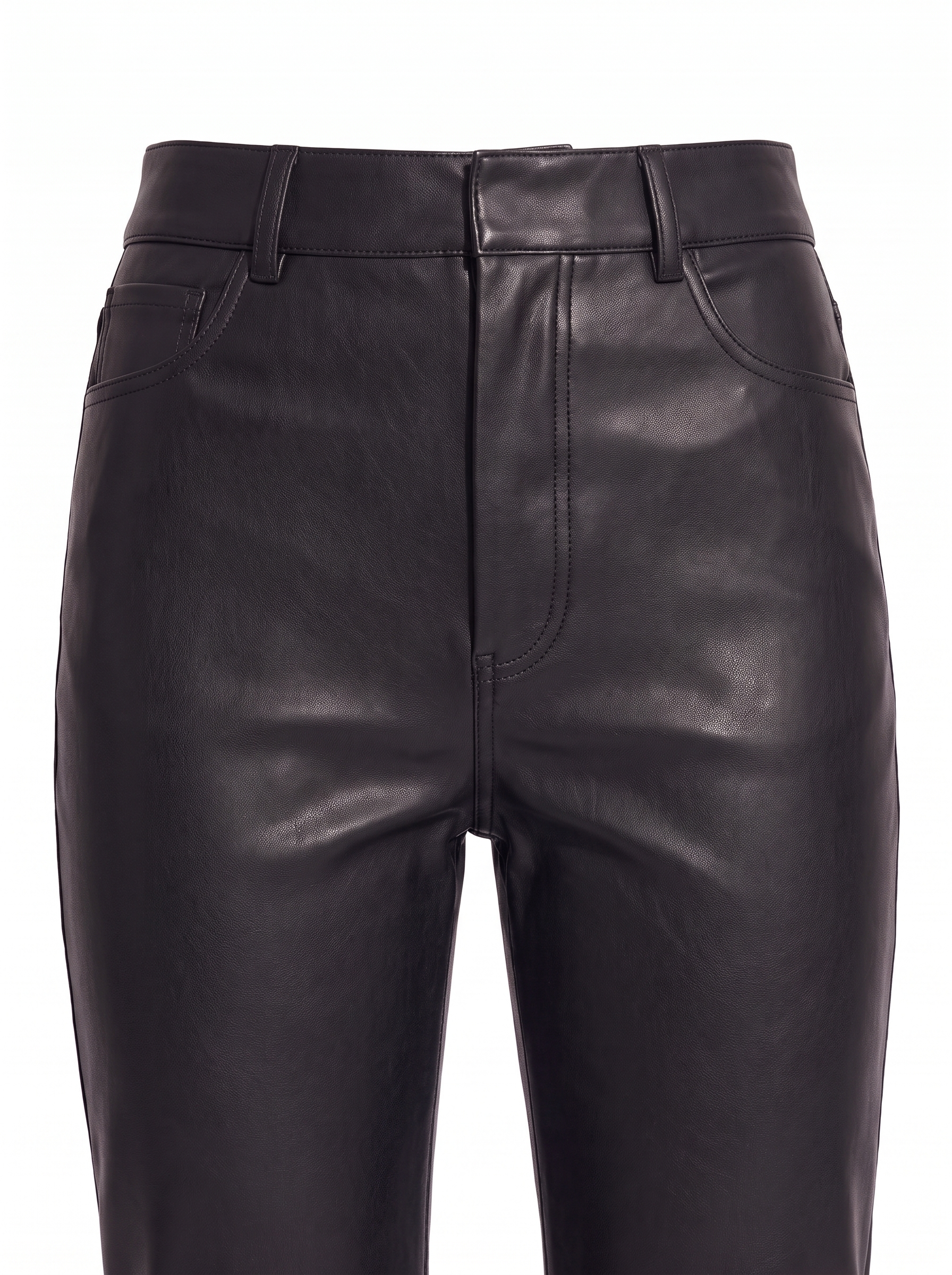 Close up of faux leather pants waistband and matte grain