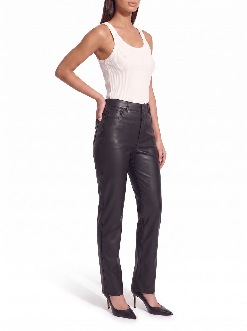 Faux leather pants three quarter view showing straight leg drape