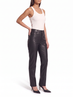 Faux leather pants three quarter view showing straight leg drape