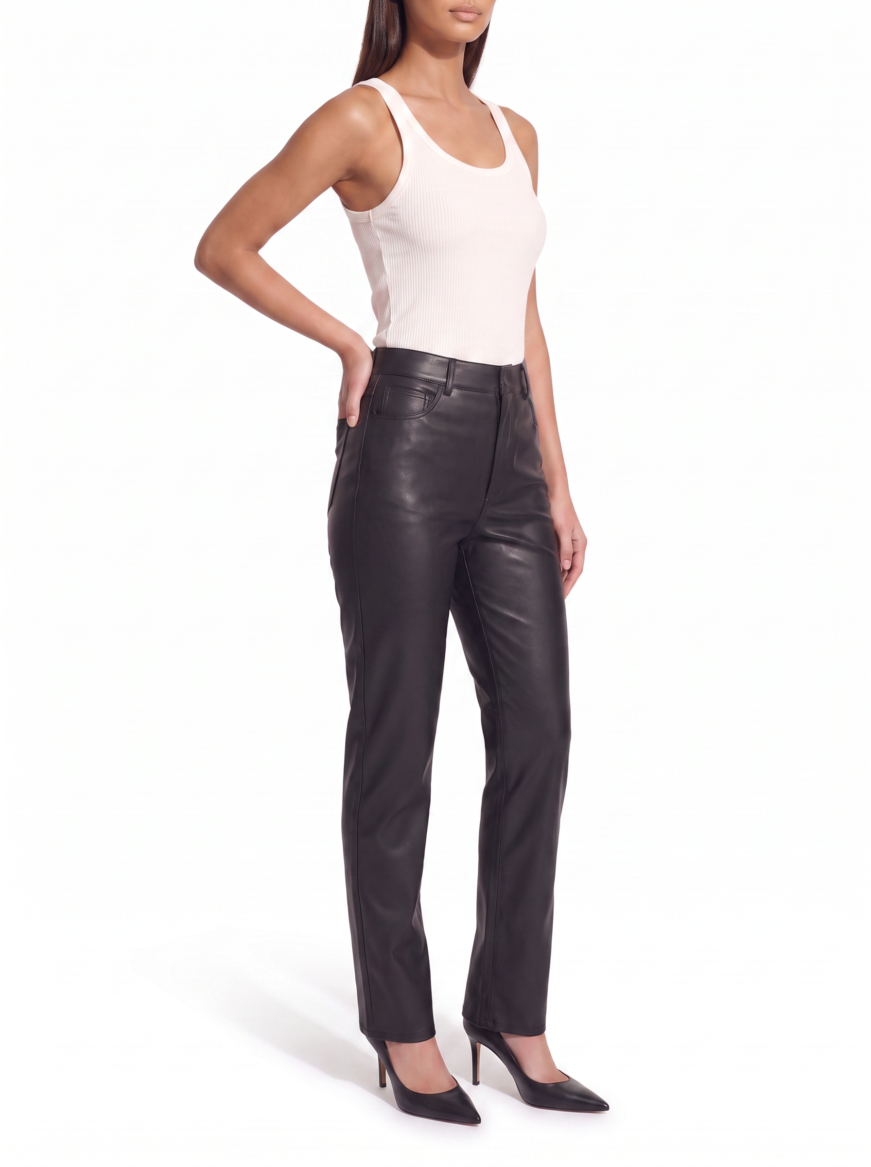 Faux leather pants three quarter view showing straight leg drape