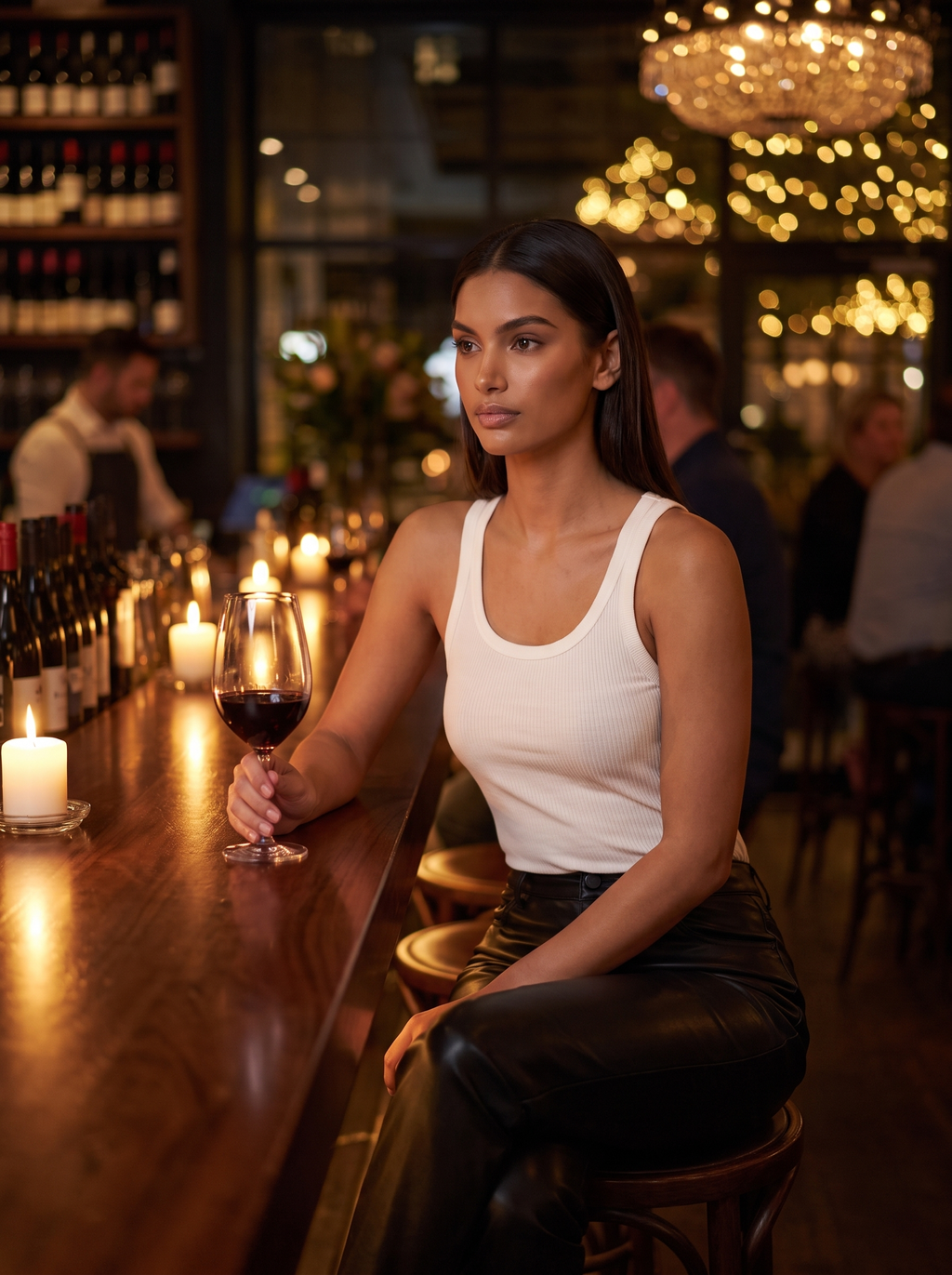 Model wearing black faux leather pants with a light top