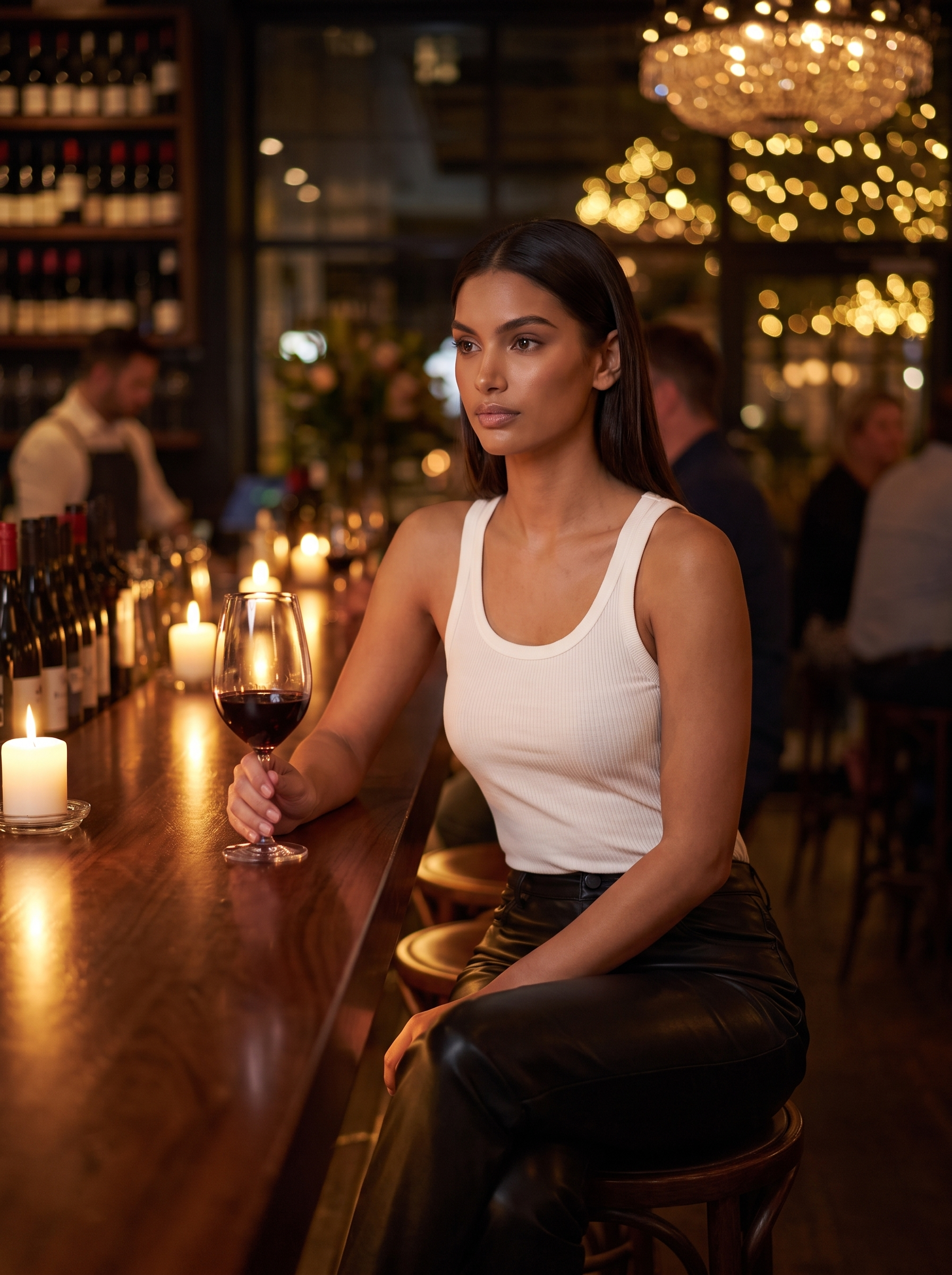 Model wearing black faux leather pants with a light top