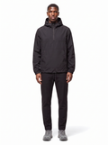 Black half zip hooded anorak, front view on model