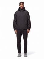 Black half zip hooded anorak, front view on model