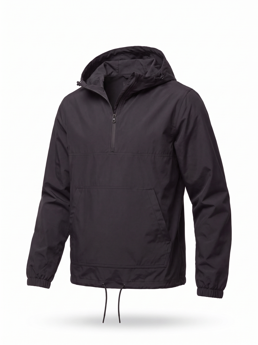 Black hooded anorak flat product shot on white background