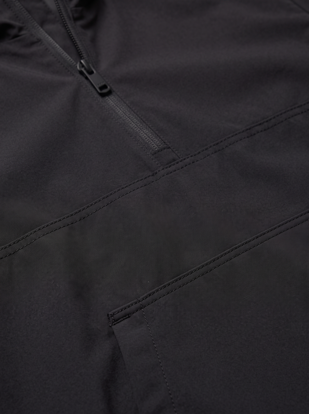 Close up of anorak half zip collar and kangaroo pocket
