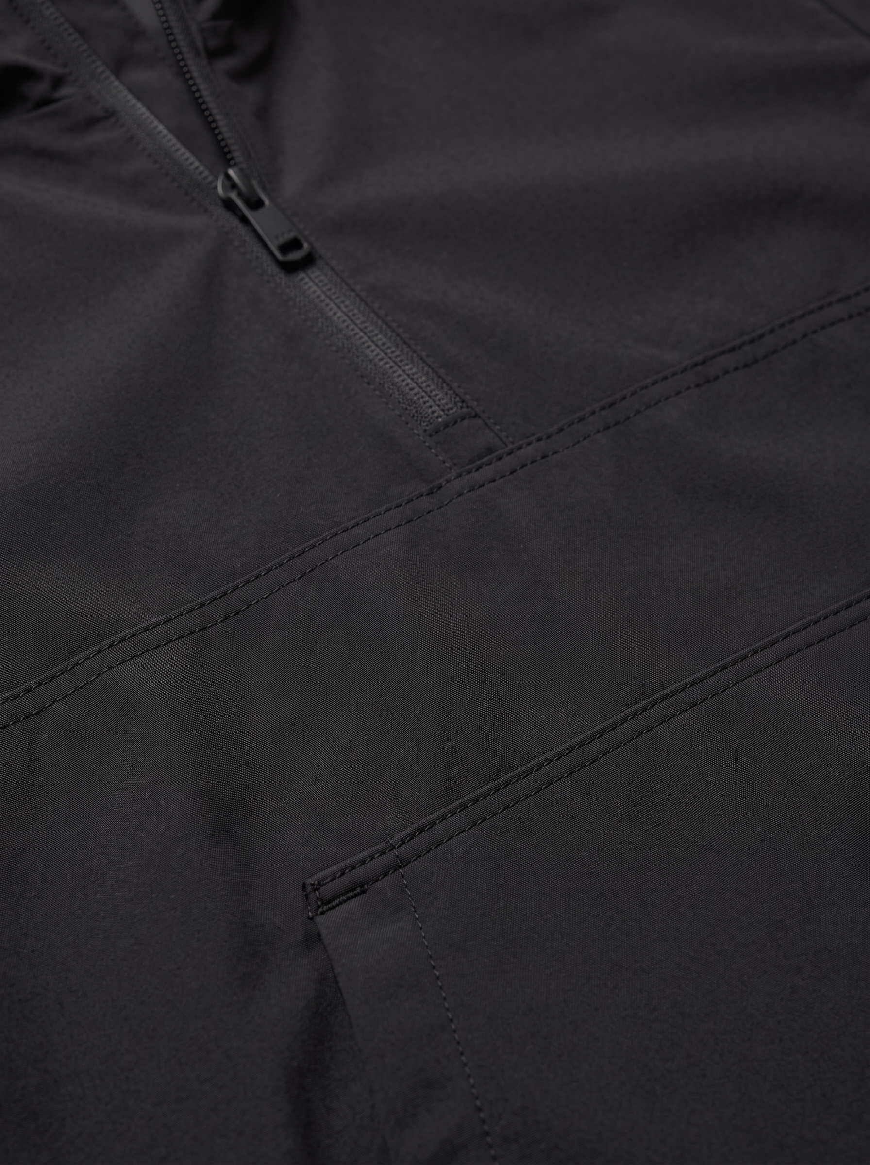 Close up of anorak half zip collar and kangaroo pocket