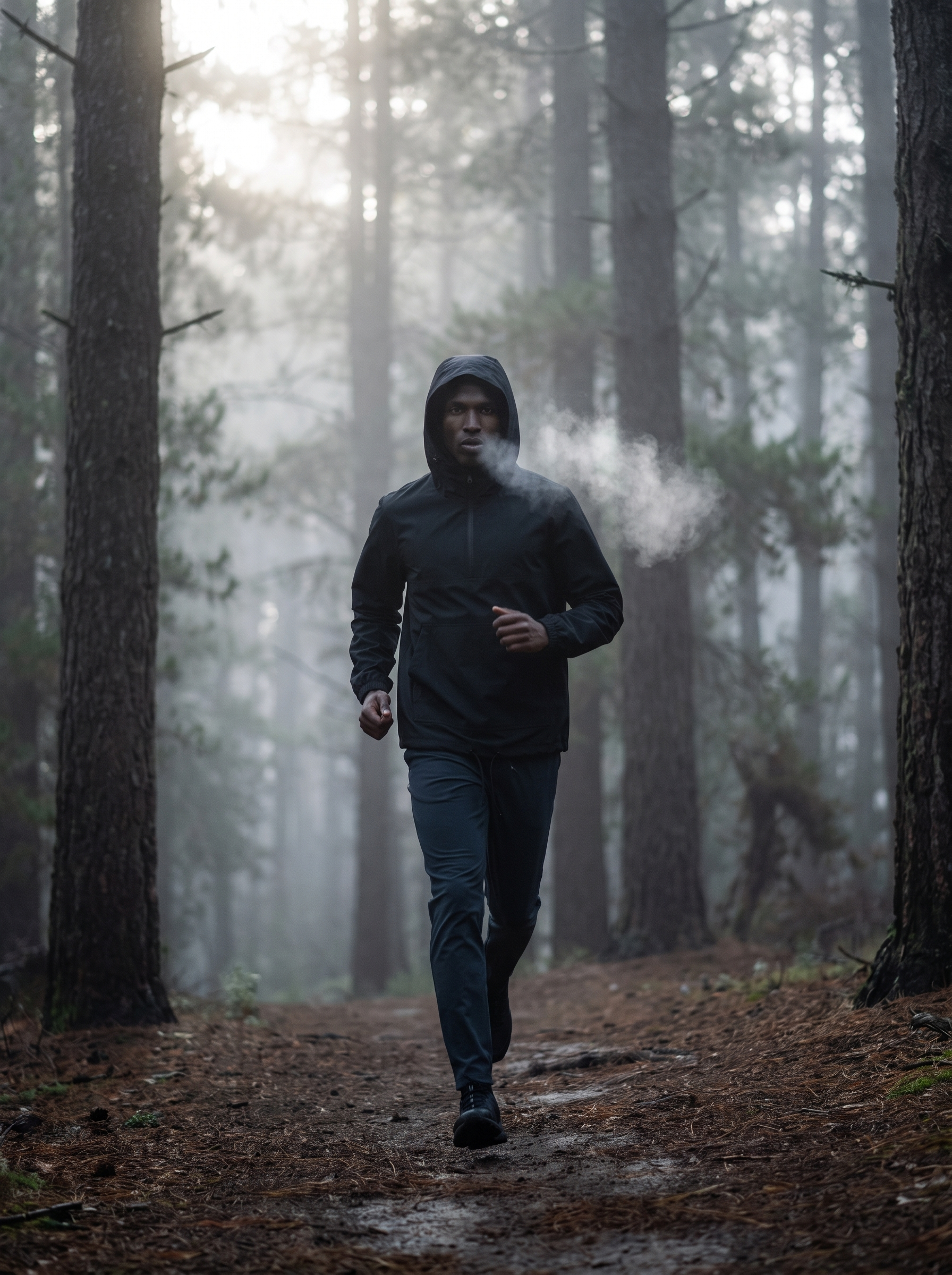 Model wearing black hooded anorak outdoors on a forest trail