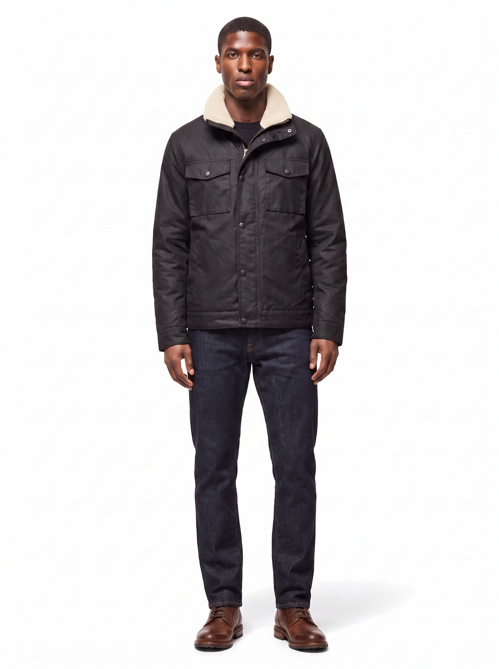 Black waxed canvas jacket with sherpa collar, front view on model