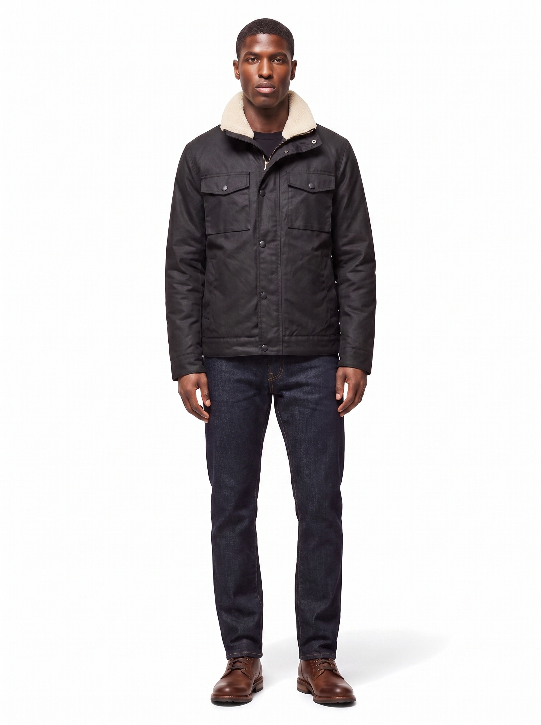 Black waxed canvas jacket with sherpa collar, front view on model