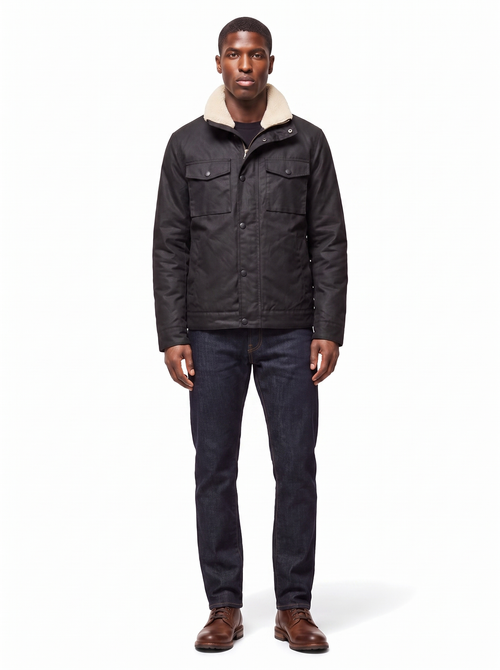 Black waxed canvas jacket with sherpa collar, front view on model