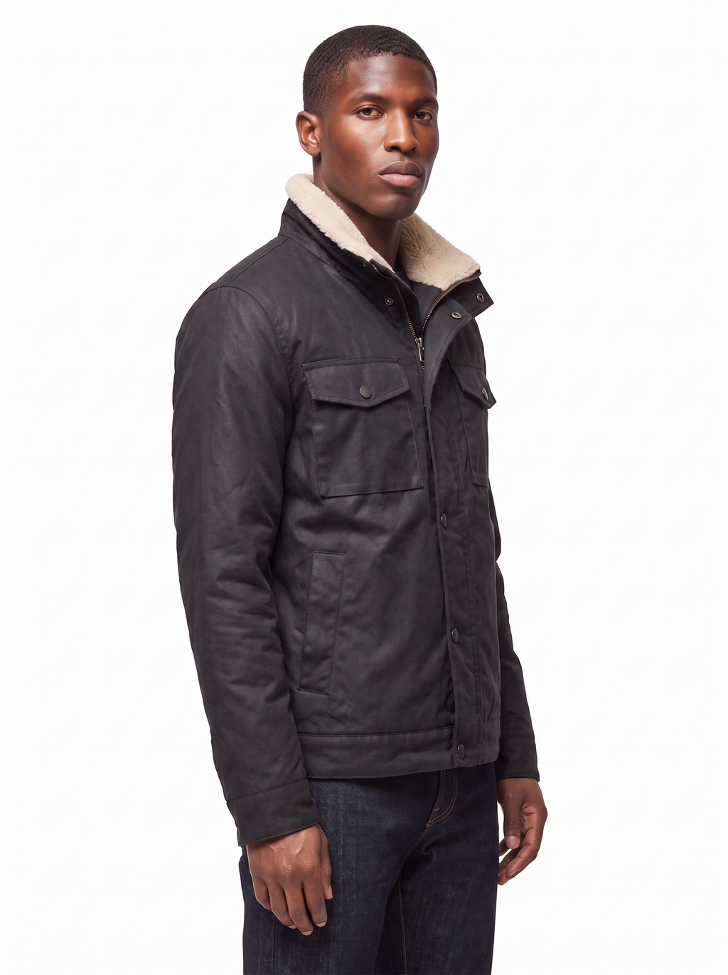 Waxed canvas jacket three quarter view showing structured fit