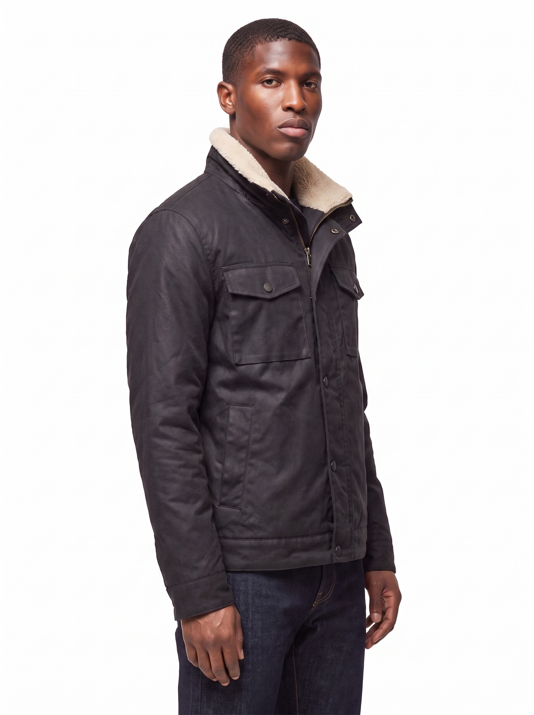 Waxed canvas jacket three quarter view showing structured fit
