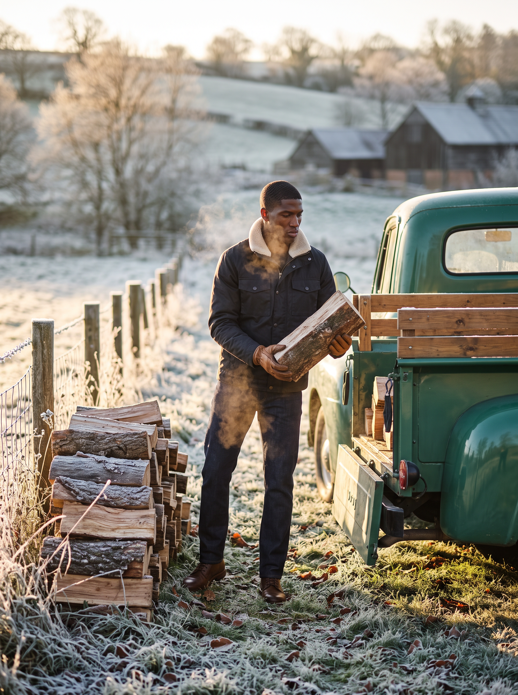 Model wearing black waxed canvas jacket outdoors on a cold morning