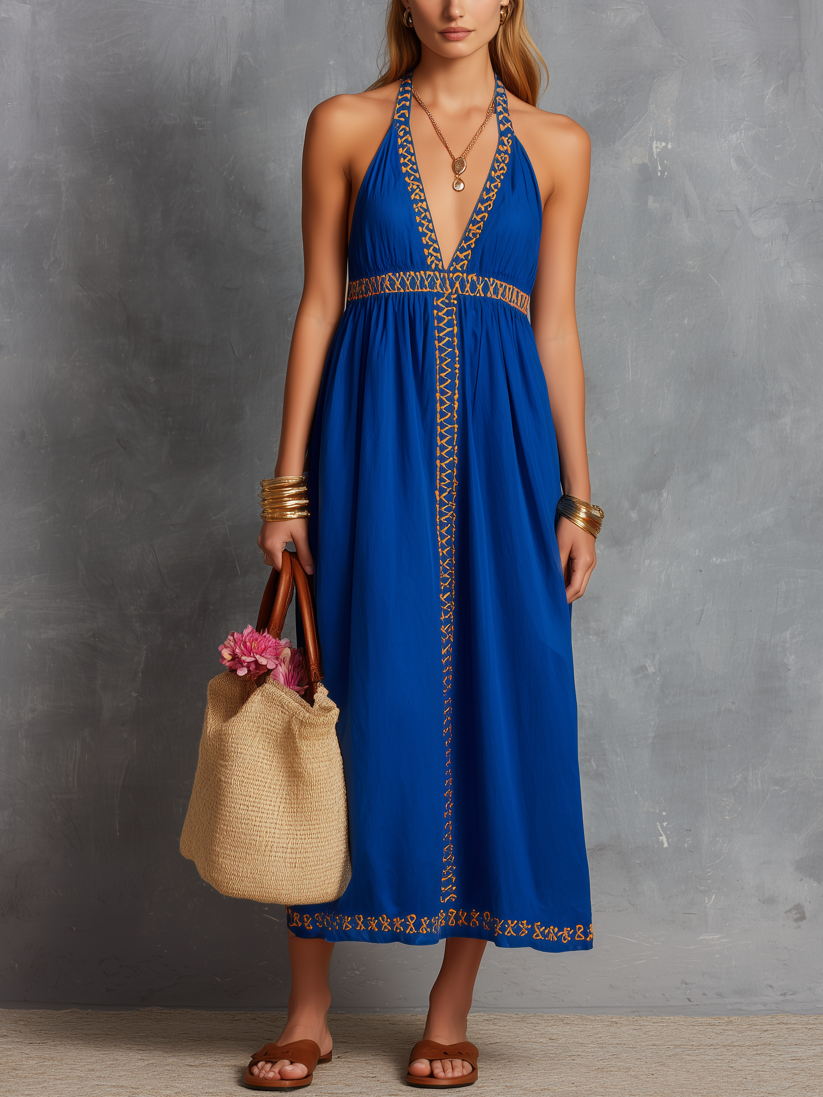 Blue embroidered V-neck summer dress, front view