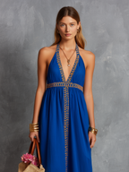 Embroidery detail on the blue V-neck summer dress