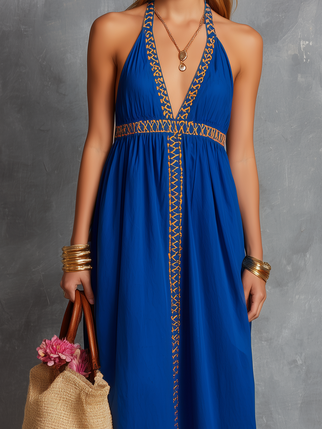 Blue embroidered V-neck summer dress, full length view