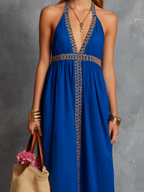 Blue embroidered V-neck summer dress, full length view