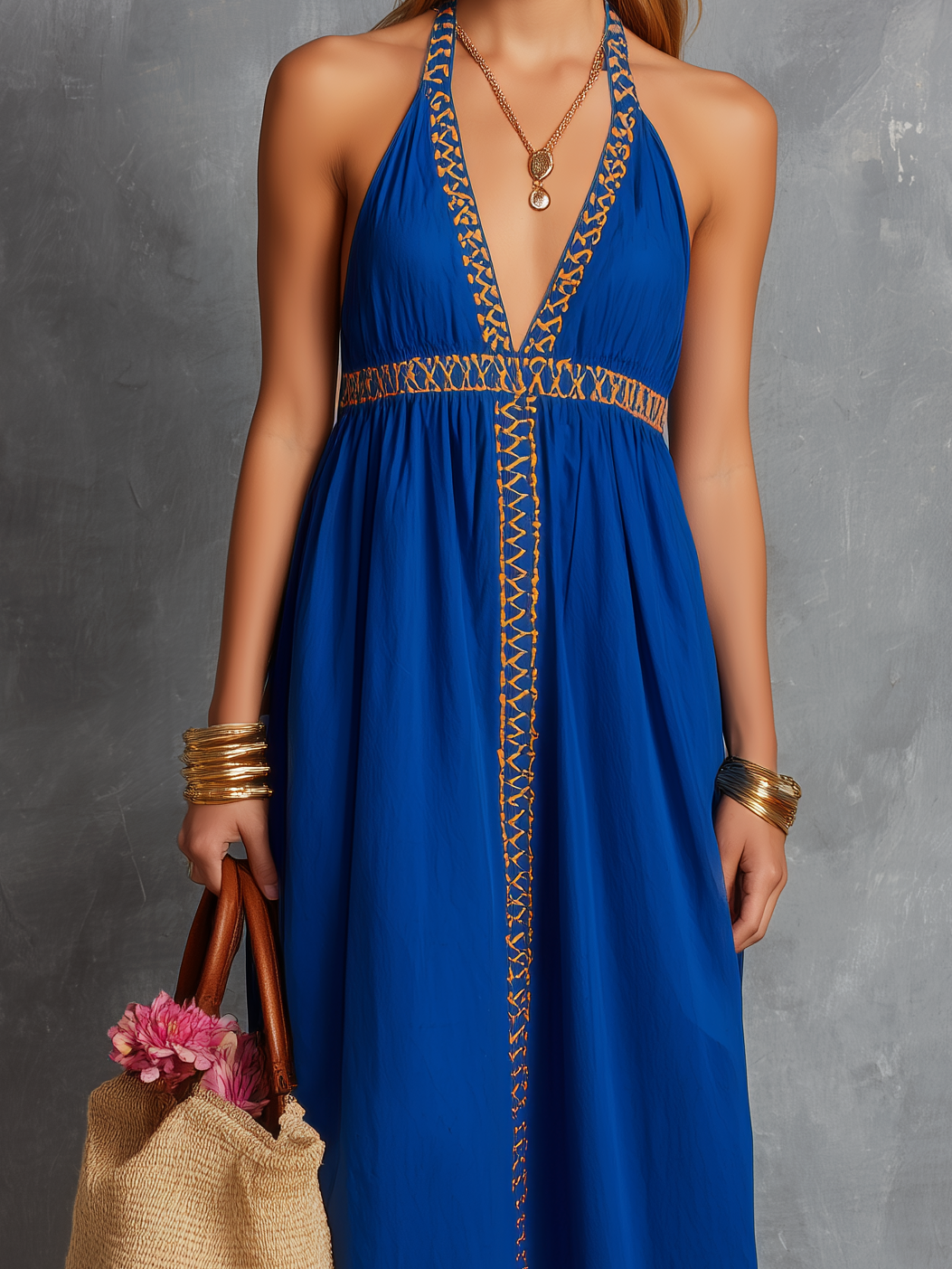 Blue embroidered V-neck summer dress, full length view
