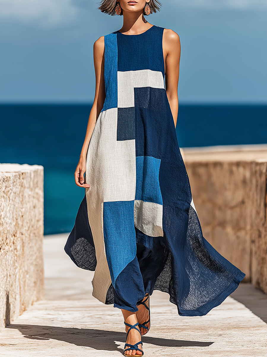 Blue geometric colorblock sleeveless maxi dress, front view
