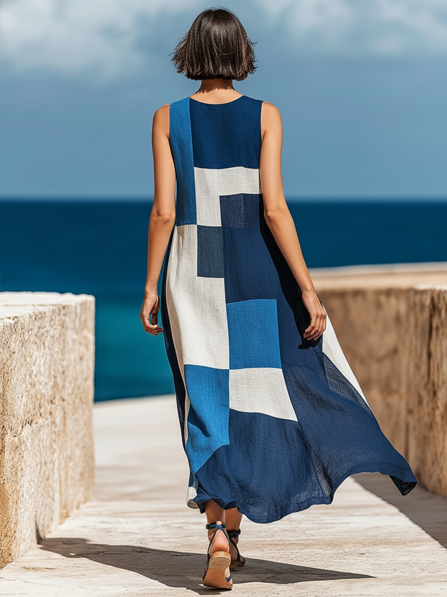 Blue geometric colorblock maxi dress, side view