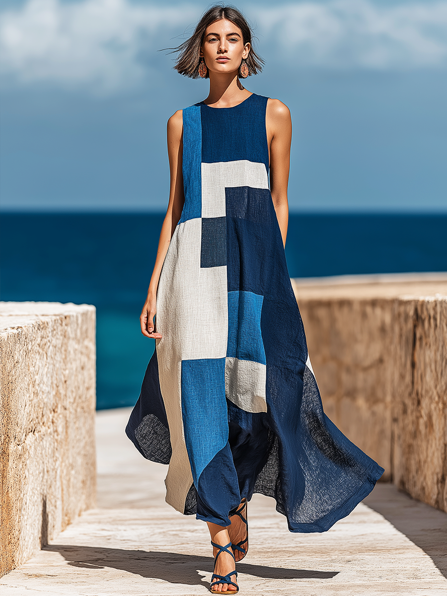 Blue geometric maxi dress showing round neckline and sleeveless cut