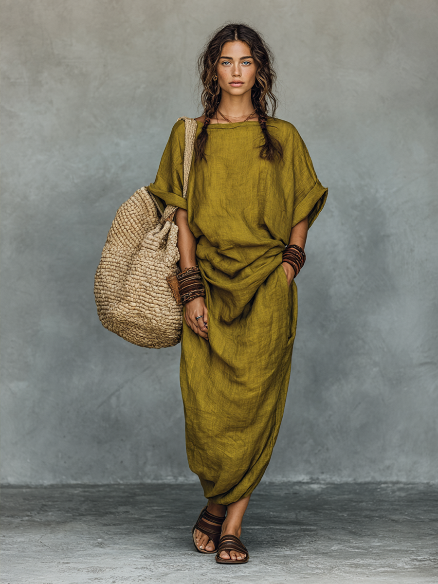 Side view of the maxi dress showing its relaxed silhouette