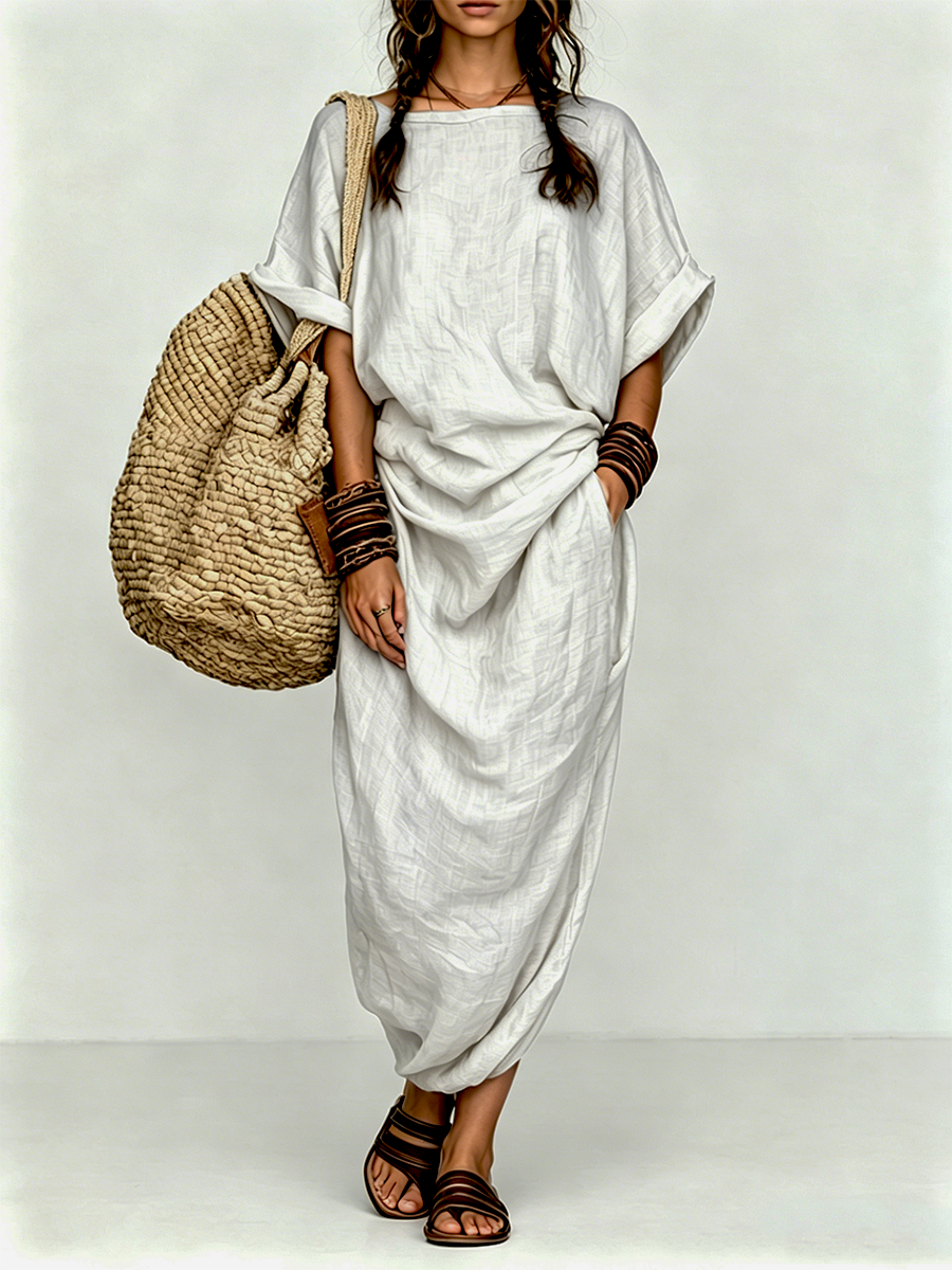 Maxi dress worn full length, relaxed everyday styling
