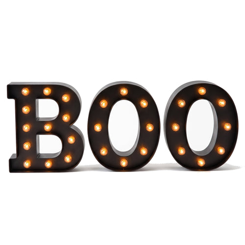 BOO marquee light-up letters with round orange bulbs