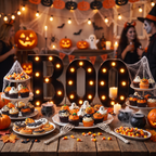 BOO marquee letters on a Halloween party dessert table