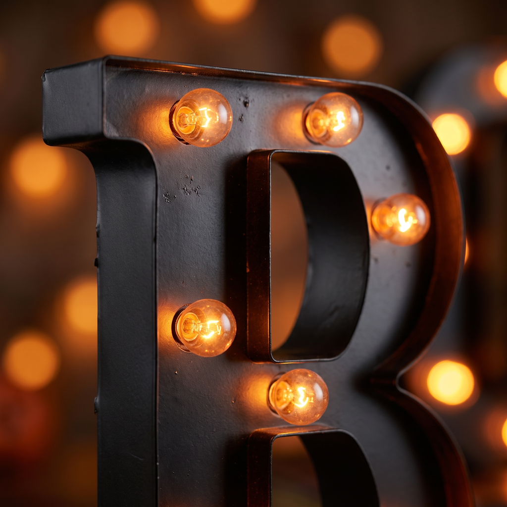 Close-up of the glowing marquee bulbs on the BOO letters