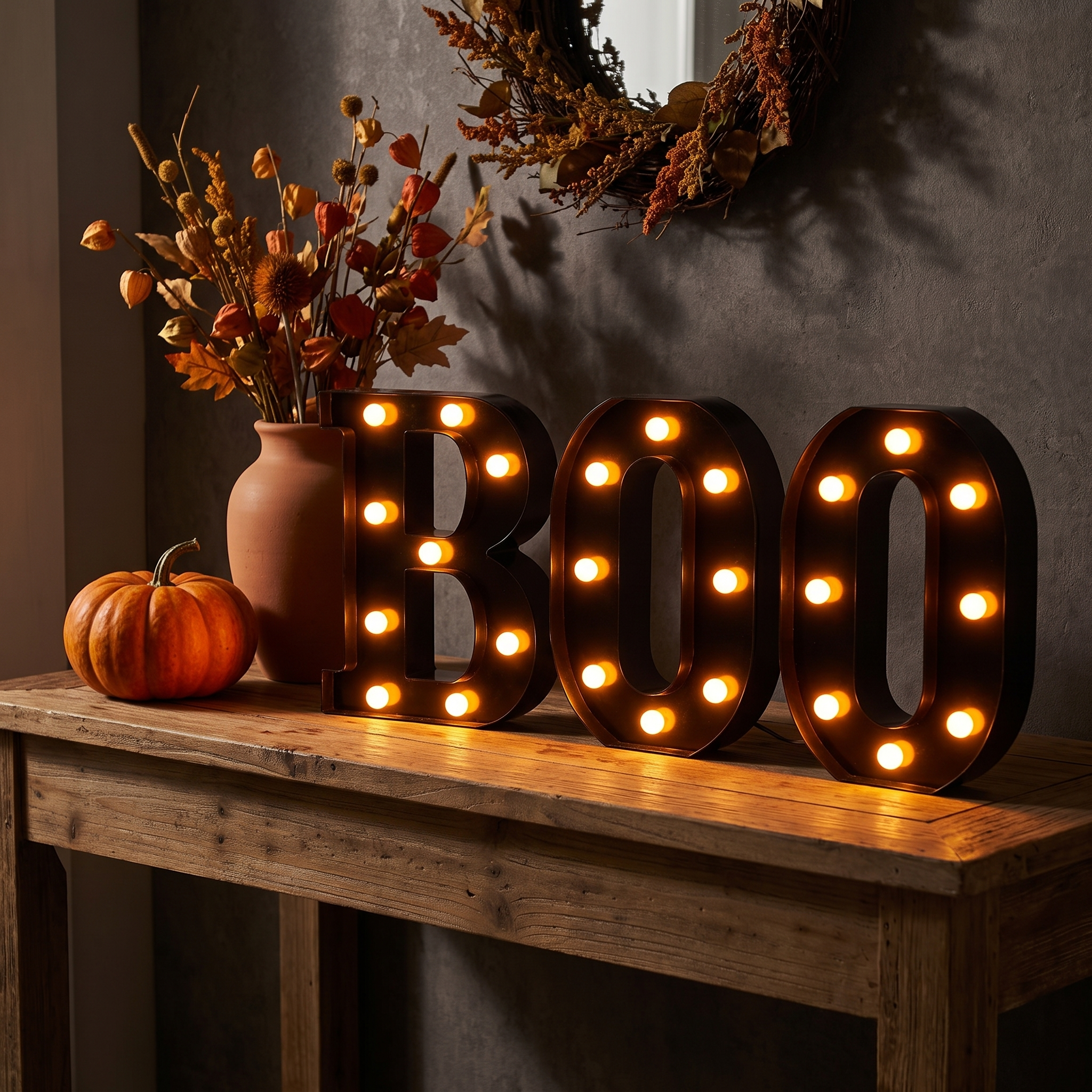 BOO marquee letters on an entryway console at night