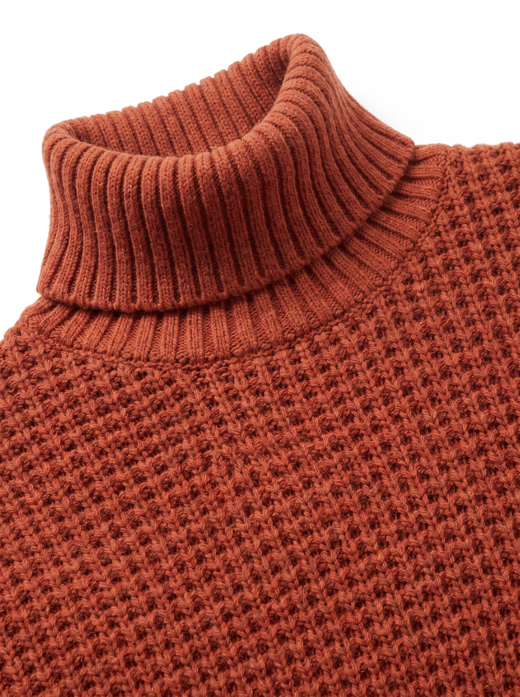Honeycomb waffle knit texture and turtleneck collar close up