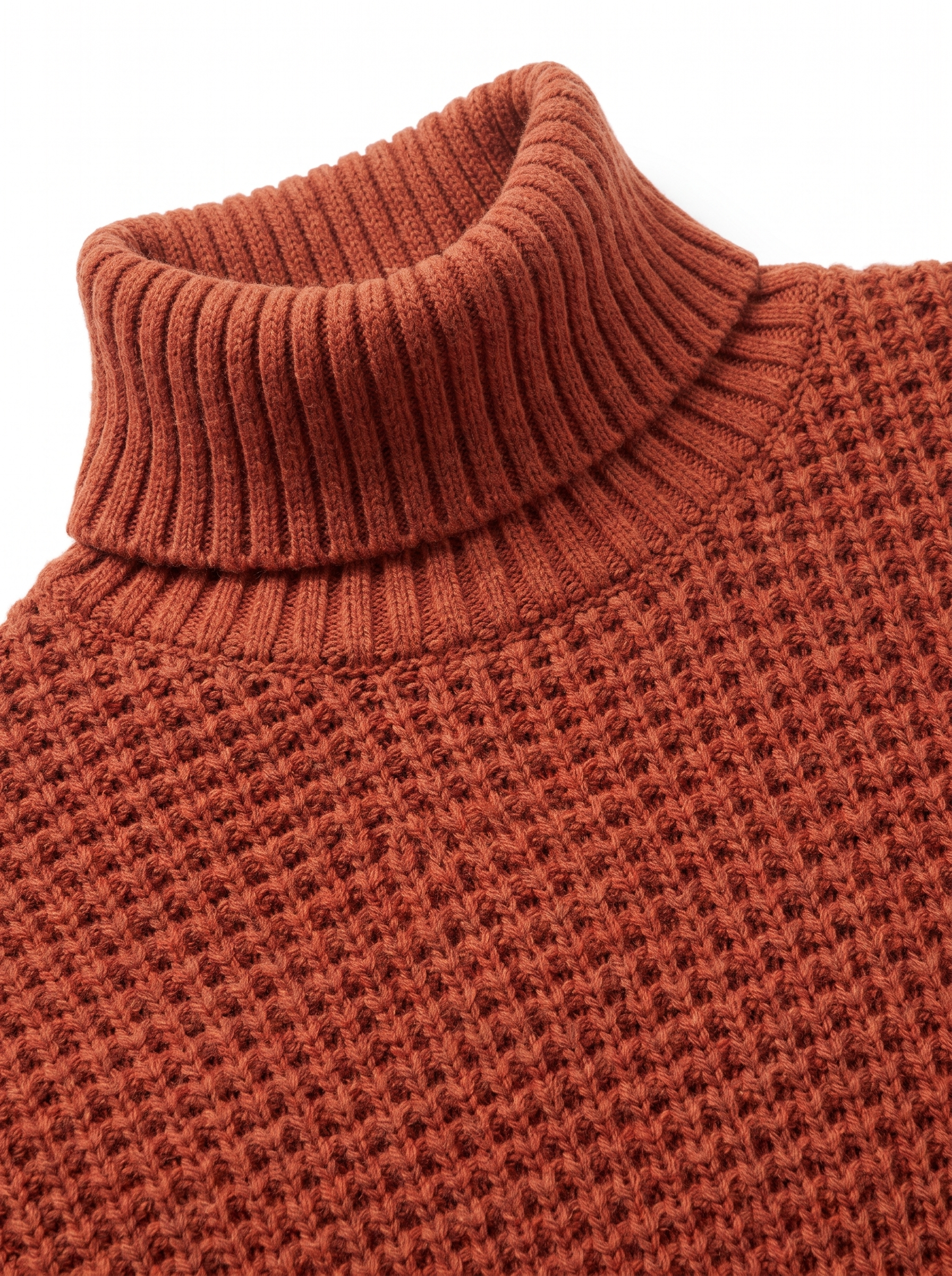 Honeycomb waffle knit texture and turtleneck collar close up