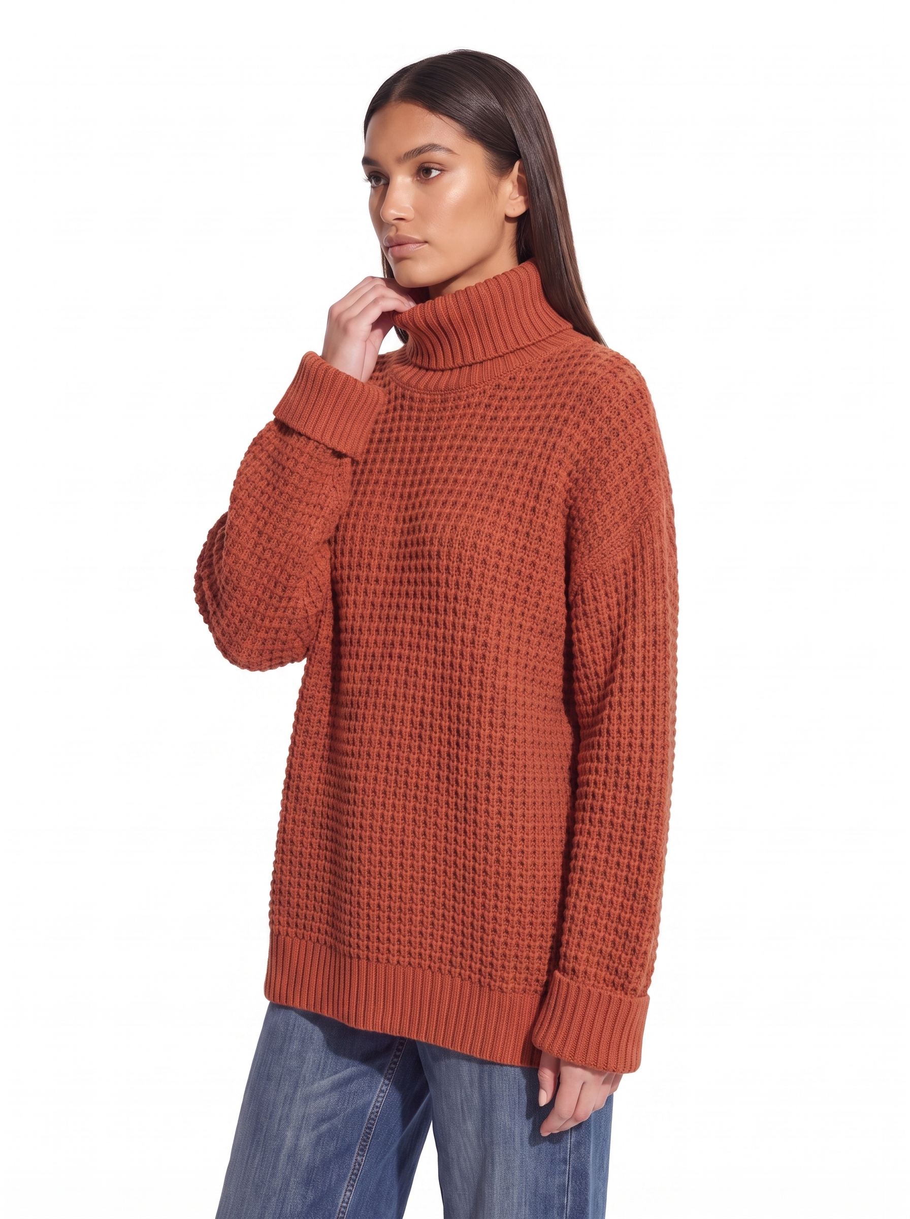 Oversized turtleneck sweater dropped shoulder fit, three quarter view