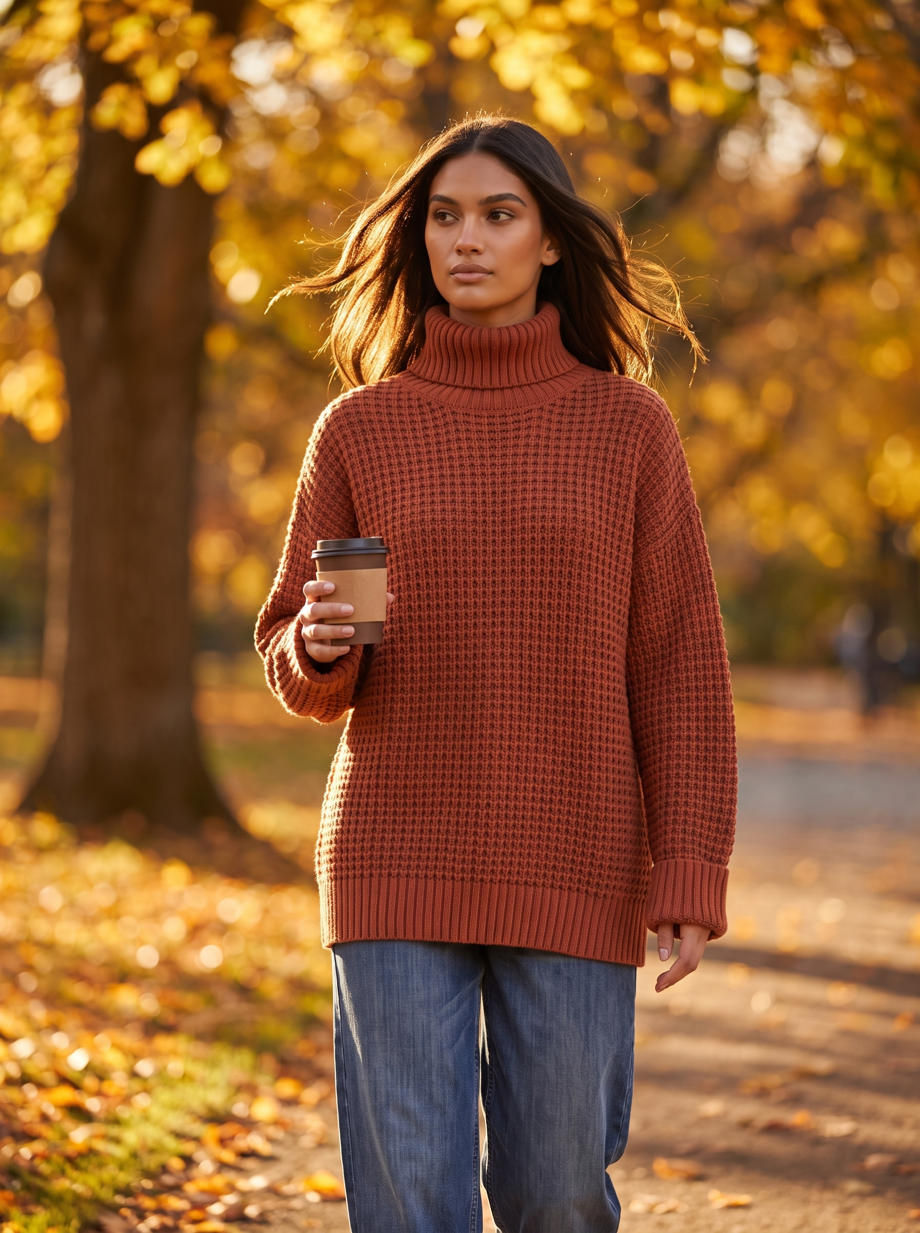 Model wearing brick red oversized turtleneck sweater outdoors in autumn