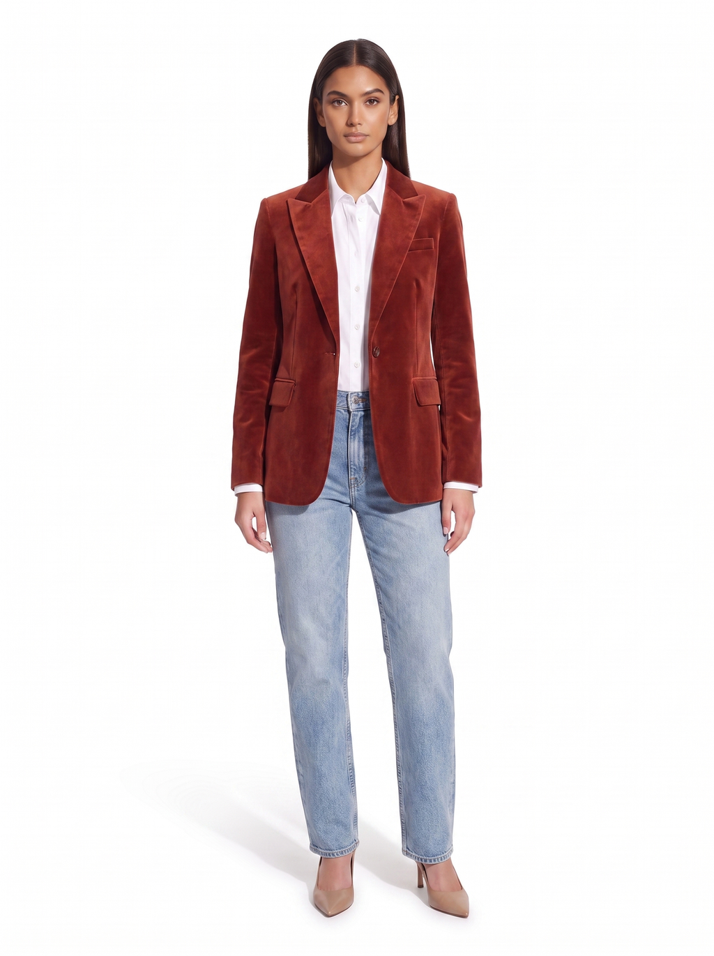 Brick red velvet tailored blazer worn by model, front view on white