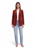 Brick red velvet tailored blazer worn by model, front view on white