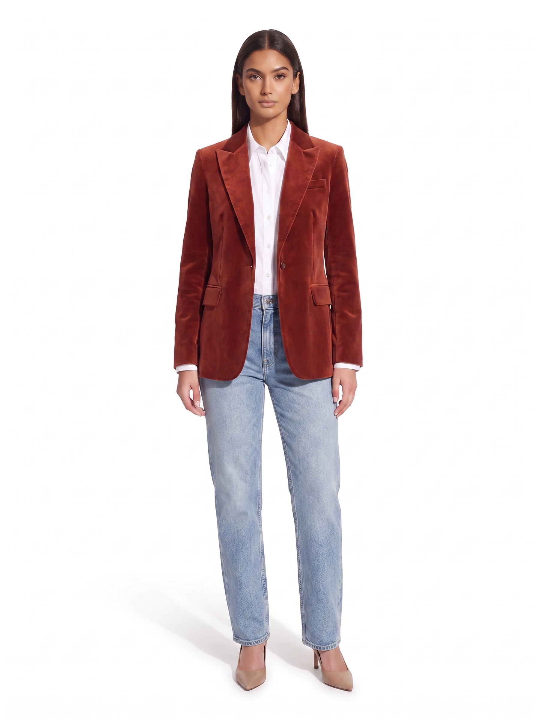 Brick red velvet tailored blazer worn by model, front view on white