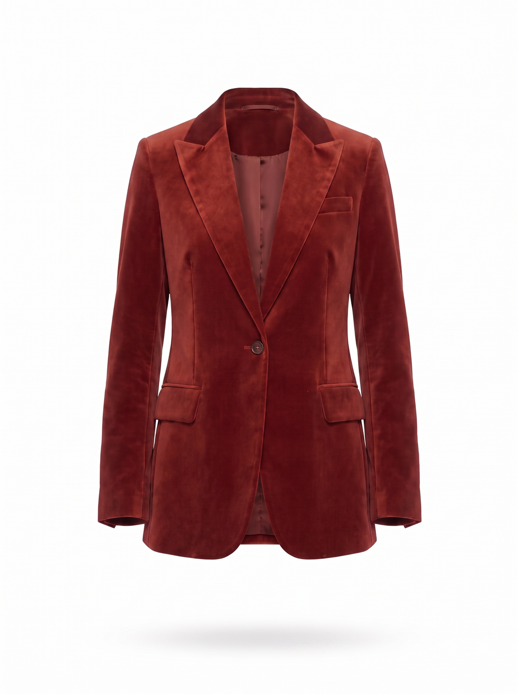 Brick red velvet blazer product shot on white background
