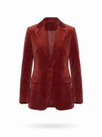 Brick red velvet blazer product shot on white background