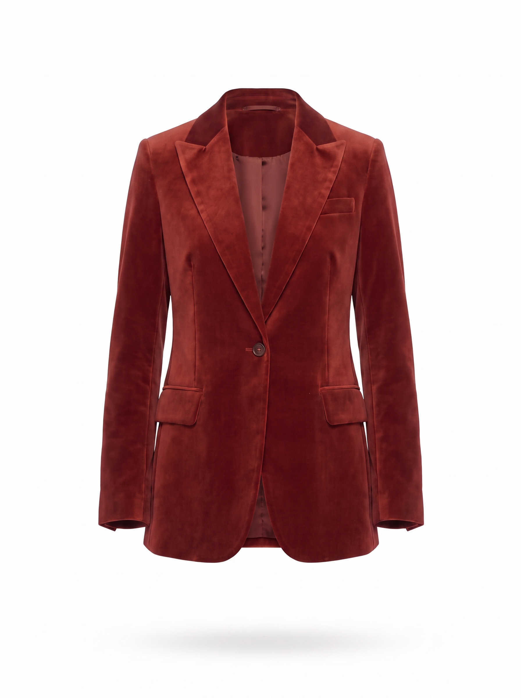 Brick red velvet blazer product shot on white background